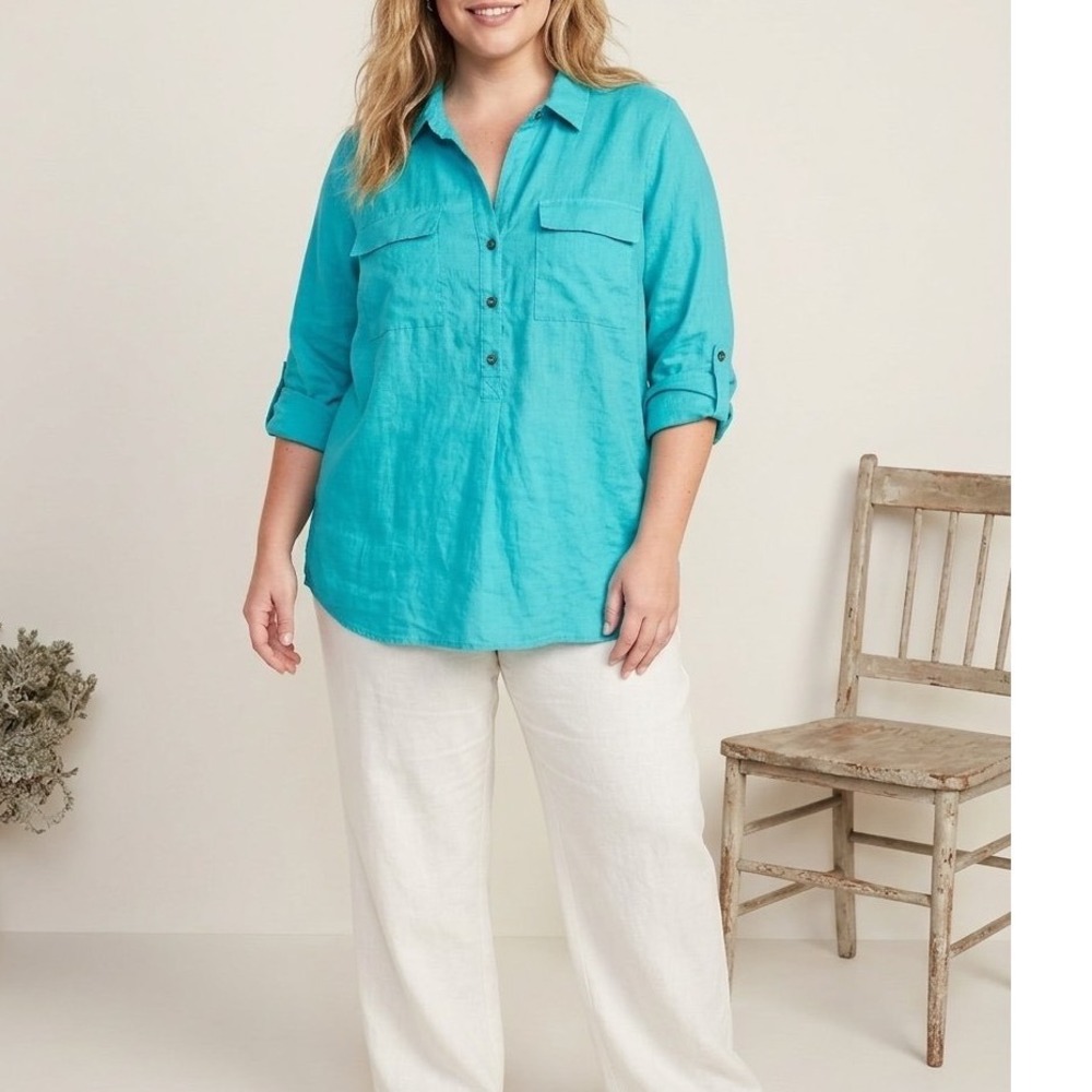 Old Navy Teal Linen Blend Tunic Top XXL Long Sleeve Roll Tab Button Front Shirt